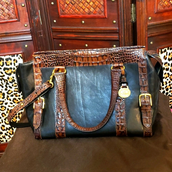 Brahmin Handbags - Brahmin Blck & Brwn Leather Bag w/ Alligator Trim